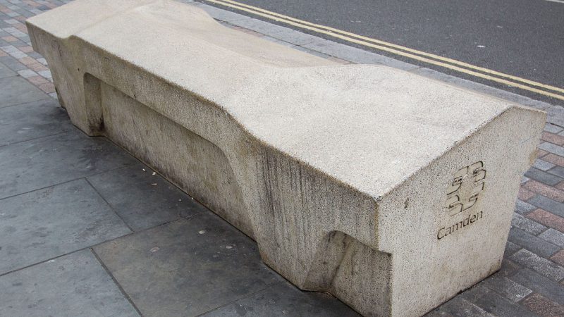 Wikipedia | Camden bench designed to deter sleeping (angled) , littering, skateboarding (angled), drug dealing (no underside), graffiti (anti-paint coating), and theft (weighs 1765 kg).